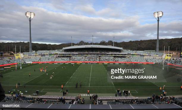 General view of the Canberra Stadium before the Super Rugby match between the ACT Brumbies and the Japanese Sunwolves in Canberra on June 3, 2018. /...
