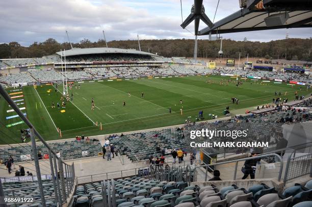 General view of the Canberra Stadium before the Super Rugby match between the ACT Brumbies and the Japanese Sunwolves in Canberra on June 3, 2018. /...