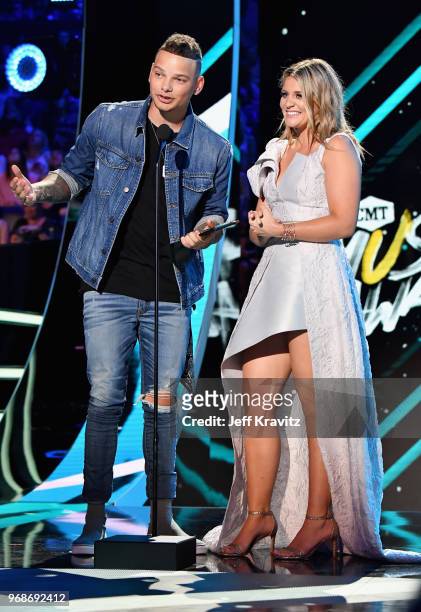 Kane Brown and Lauren Alaina accept an award at the 2018 CMT Music Awards at Bridgestone Arena on June 6, 2018 in Nashville, Tennessee.