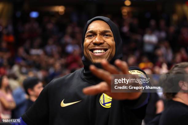David West of the Golden State Warriors warms up prior to Game Three of the 2018 NBA Finals against the Cleveland Cavaliers at Quicken Loans Arena on...