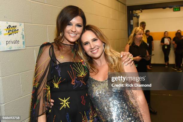 Karen Fairchild of musical group Little Big Town and Lucie Silvas attend the 2018 CMT Music Awards - Backstage & Audience at Bridgestone Arena on...