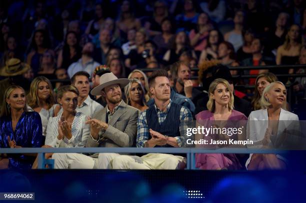 Brittney Marie Kelley, Brian Kelley and Tyler Hubbard of Florida Georgia Line, Hayley Hubbard and RaeLynn attend the 2018 CMT Music Awards at...
