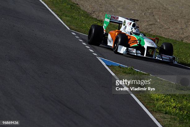 Adrian Sutil of Germany and Force India drives during winter testing at the Circuito De Jerez on February 19, 2010 in Jerez de la Frontera, Spain.