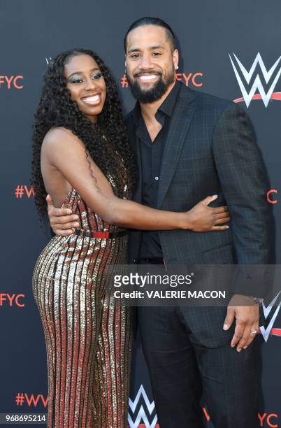 Wrestlers Jimmy Uso and Naomi arrive at the first-ever WWE Emmy For Your Consideration event at the TV Academy Saban Media Center, in North Hollywood...