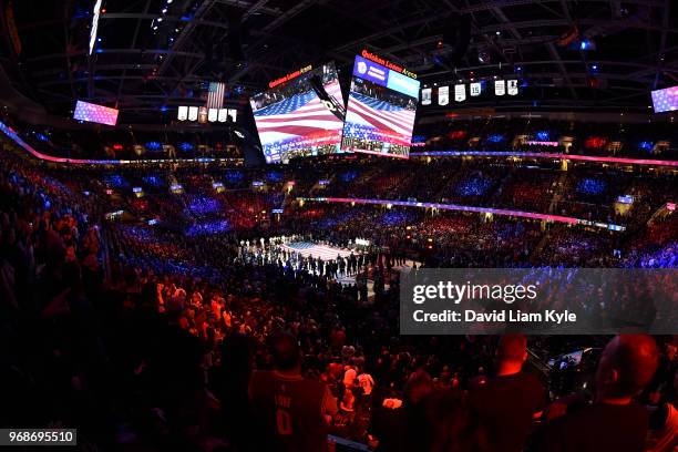 Image of the arena before the game between the Golden State Warriors and the Cleveland Cavaliers during Game Three of the 2018 NBA Finals on June 6,...