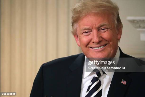 President Donald Trump delivers remarks before hosting an Iftar dinner in the State Dining Room at the White House June 6, 2018 in Washington, DC....