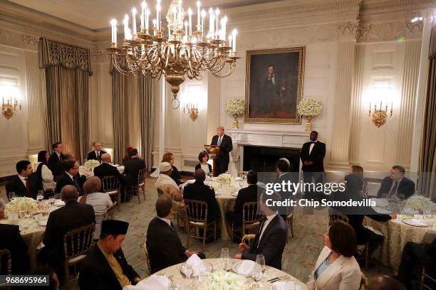 President Donald Trump delivers remarks before hosting an Iftar dinner in the State Dining Room at the White House June 6, 2018 in Washington, DC....