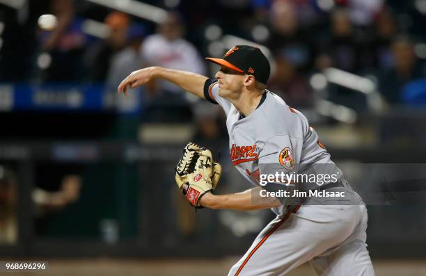 Brad Brach of the Baltimore Orioles in action against the New York Mets at Citi Field on June 5, 2018 in the Flushing neighborhood of the Queens...