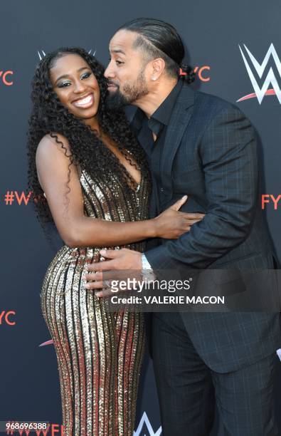 Wrestlers Jimmy Uso and his wife wrestler Naomi arrive at the first-ever WWE Emmy For Your Consideration event at the TV Academy Saban Media Center,...