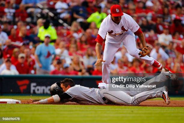 Miguel Rojas of the Miami Marlins slides into third base against Jack Flaherty of the St. Louis Cardinals in the second inning at Busch Stadium on...