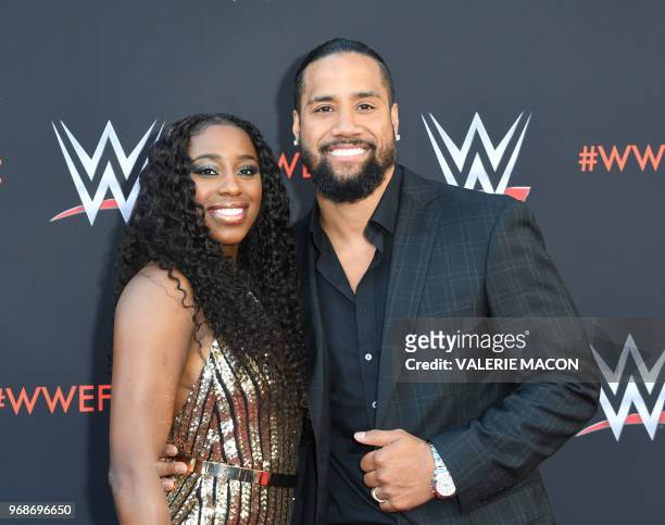 Wrestler Jimmy Uso and his wife wrestler Naomi arrive at the first-ever WWE Emmy For Your Consideration event at the TV Academy Saban Media Center,...