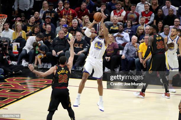 David West of the Golden State Warriors shoots the ball against the Cleveland Cavaliers in Game Three of the 2018 NBA Finals on June 6, 2018 at...