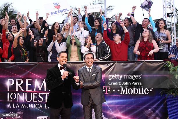 Rodner Figueroa and Cristian Castro attend the red carpet at Fan Bleacher Experience at Premio Lo Nuestro for T-Mobile at American Airlines Arena on...