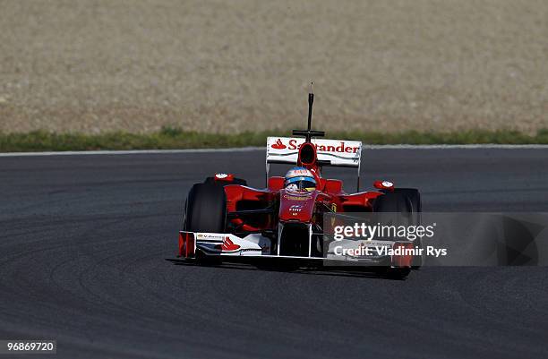 Fernando Alonso of Spain and Ferrari drives during winter testing at the Circuito De Jerez on February 19, 2010 in Jerez de la Frontera, Spain.