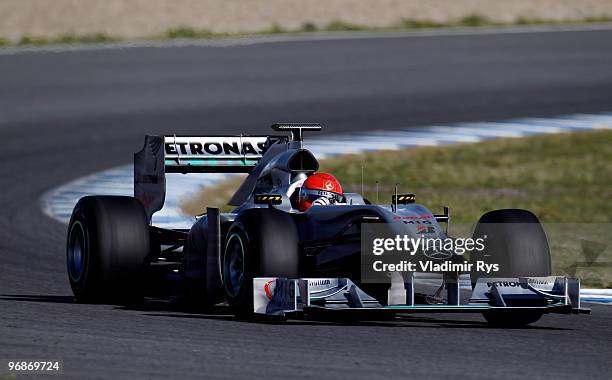 Michael Schumacher of Germany and Mercedes GP drives during winter testing at the Circuito De Jerez on February 19, 2010 in Jerez de la Frontera,...