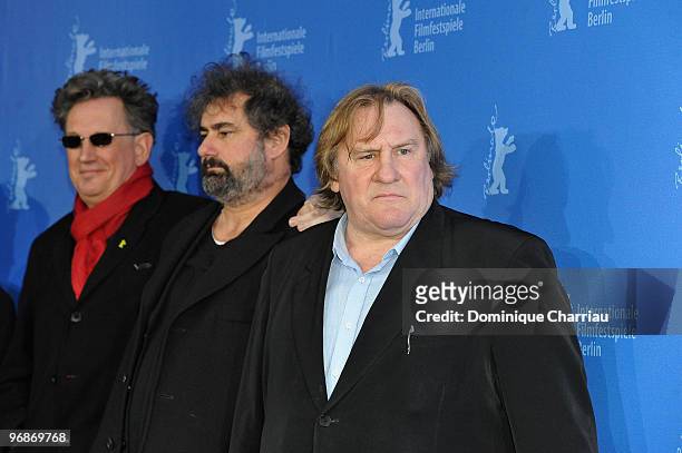 Directors Benoit Delepine, Gustave de Kervern and actor Gerard Depardieu attend the 'Mammuth' Photocall during day nine of the 60th Berlin...