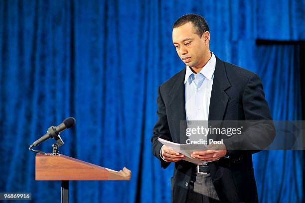 Tiger Woods arrives to make a statement from the Sunset Room on the second floor of the TPC Sawgrass, home of the PGA Tour on February 19, 2010 in...