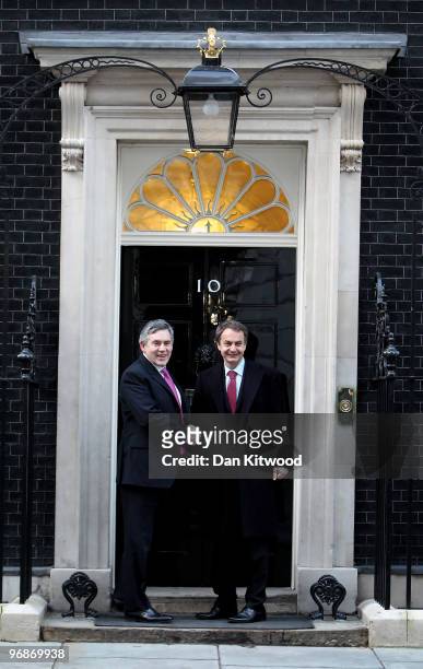 British Prime Minister Gordon Brown shakes hands with Spanish Prime Minister Jose Luis Rodriguez Zapatero at Downing Street after a meeting on...