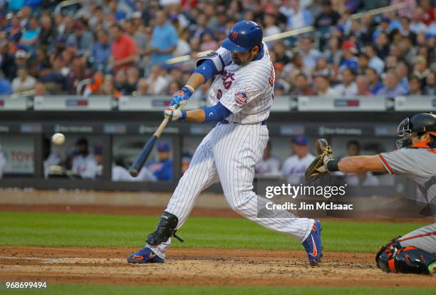 Adrian Gonzalez of the New York Mets in action against the Baltimore Orioles at Citi Field on June 5, 2018 in the Flushing neighborhood of the Queens...