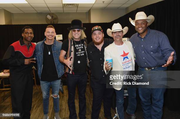 Leon Bridges, Kane Brown, Big Kenny of Big & Rich, Luke Combs, John Rich of Big & Rich and Cowboy Troy attend the 2018 CMT Music Awards - Backstage &...