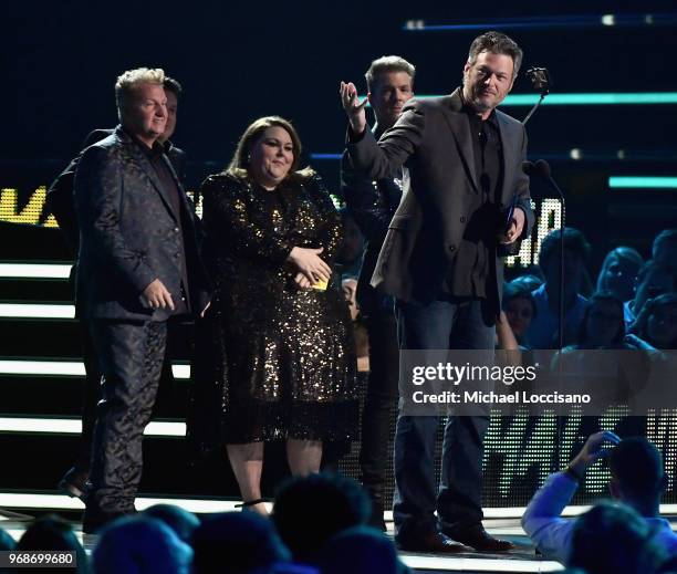 Blake Shelton, Chrissy Metz and Rascal Flatts speak onstage at the 2018 CMT Music Awards at Bridgestone Arena on June 6, 2018 in Nashville, Tennessee.