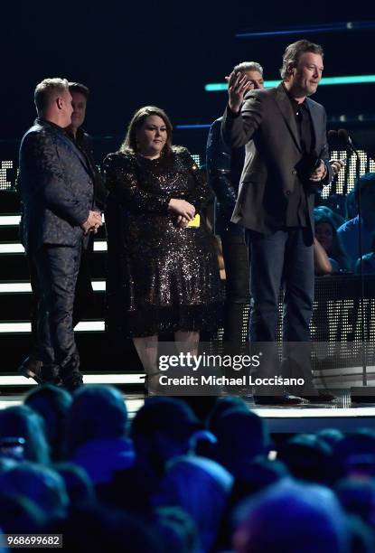 Blake Shelton, Chrissy Metz and Rascal Flatts speak onstage at the 2018 CMT Music Awards at Bridgestone Arena on June 6, 2018 in Nashville, Tennessee.