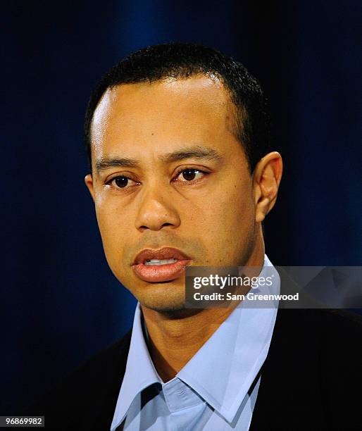 Tiger Woods makes a statement from the Sunset Room on the second floor of the TPC Sawgrass, home of the PGA Tour on February 19, 2010 in Ponte Vedra...