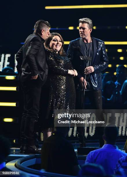 Blake Shelton, Chrissy Metz and Rascal Flatts speak onstage at the 2018 CMT Music Awards at Bridgestone Arena on June 6, 2018 in Nashville, Tennessee.