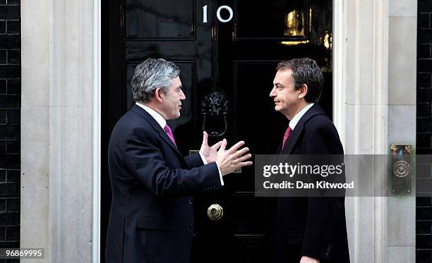 British Prime Minister Gordon Brown speaks with Spanish Prime Minister Jose Luis Rodriguez Zapatero at Downing Street after a meeting on February 19,...