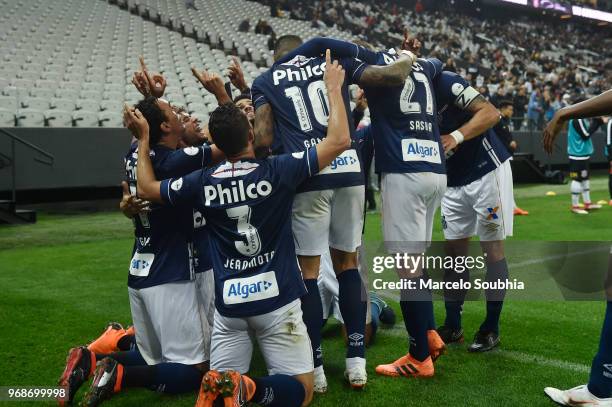 Player of Santos celebrates Victor Ferraz goal during the match against Corinthians as part of Brasileirao Series A 2018 at Arena Corinthians Stadium...