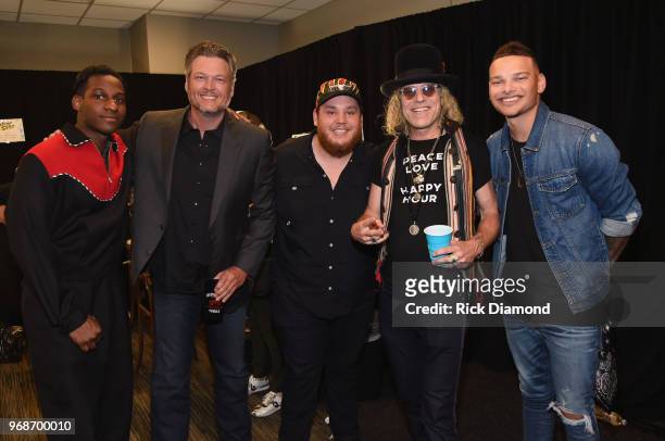 Leon Bridges, Blake Shelton, Luke Combs, Big Kenny of Big & Rich and Kane Brown attend the 2018 CMT Music Awards - Backstage & Audience at...