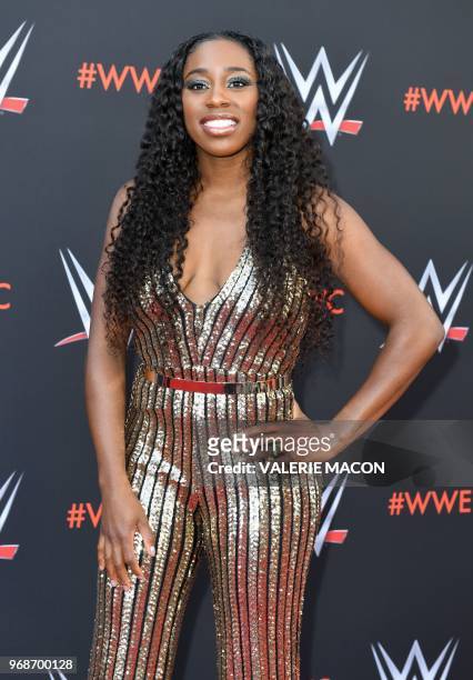 Pro wrestler Naomi arrives at the first-ever WWE Emmy For Your Consideration event at the TV Academy Saban Media Center, in North Hollywood , on June...