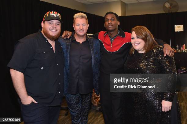 Luke Combs, Gary LeVox of Rascal Flatts, Leon Bridges and Chrissy Metz attend the 2018 CMT Music Awards - Backstage & Audience at Bridgestone Arena...