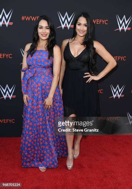 Brie Bella and Nikki Bella attend WWE's first-ever Emmy "For Your Consideration" event at Saban Media Center on June 6, 2018 in North Hollywood,...