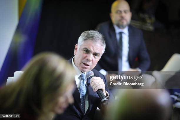 Flavio Rocha, presidential pre-candidate for the Brazilian Republican Party , center, speaks during an interview at a 2018 pre-candidates event...