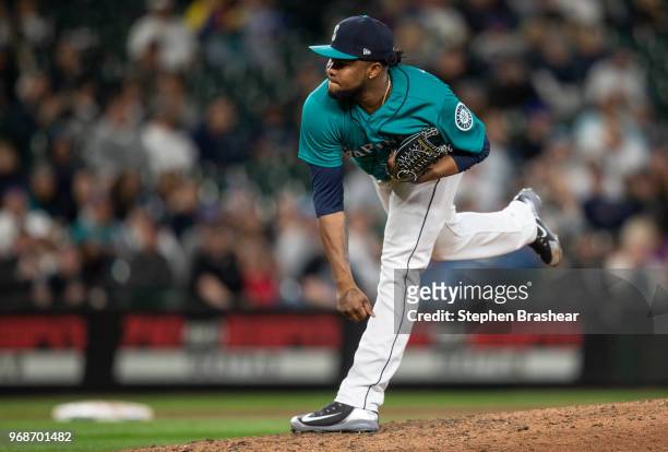 Reliever Alex Colome of the Seattle Mariners delivers a pitch during a game against the Tampa Bay Rays at Safeco Field on June 1, 2018 in Seattle,...