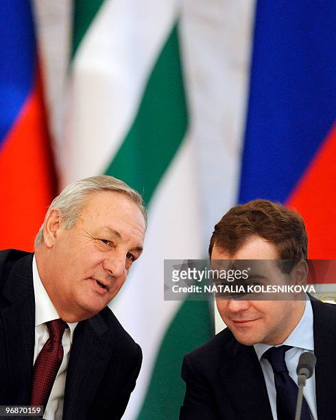 Russian President Dmitry Medvedev speaks with President of Georgia's breakaway Abkhazia region Sergei Bagapsh during a press conference at the...