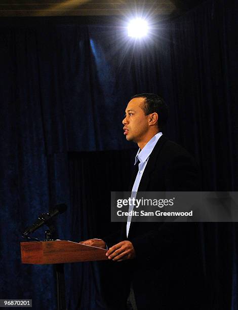 Tiger Woods makes a statement from the Sunset Room on the second floor of the TPC Sawgrass, home of the PGA Tour on February 19, 2010 in Ponte Vedra...