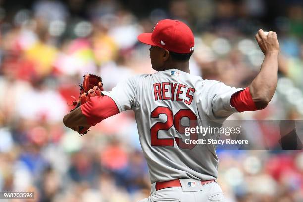 Alex Reyes of the St. Louis Cardinals throws a pitch during a game against the Milwaukee Brewers at Miller Park on May 30, 2018 in Milwaukee,...