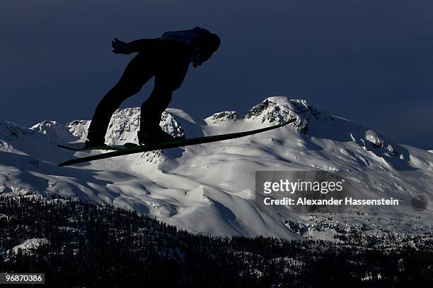 Taku Takeuchi of Japan competes in the men's ski jumping large hill individual trial qualification on day 8 of the 2010 Vancouver Winter Olympics at...