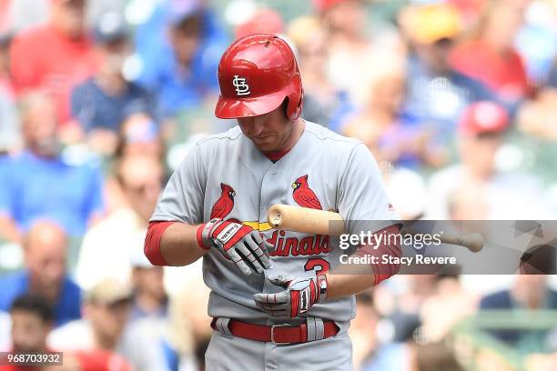 Jedd Gyorko of the St. Louis Cardinals at bat during a game against the Milwaukee Brewers at Miller Park on May 30, 2018 in Milwaukee, Wisconsin. The...