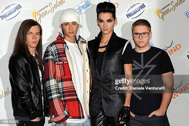 Georg Listing , Tom Kaulitz, Bill Kaulitz and Gustav Schafer , members of the German music group Tokio Hotelattends the 60th San Remo Song Festival...