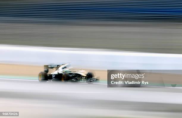 Heikki Kovalainen of Finland and Lotus drives during winter testing at the Circuito De Jerez on February 19, 2010 in Jerez de la Frontera, Spain.