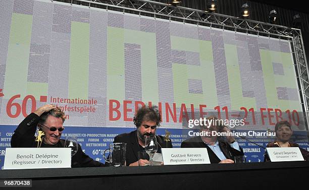 Director Benoit Delepine, director Gustave de Kervern, actor Gerard Depardieu and actress Miss Ming attend the 'Mammuth' Press Conference during day...