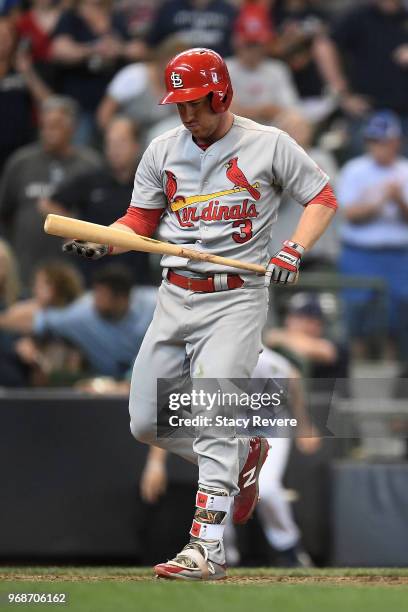 Jedd Gyorko of the St. Louis Cardinals at bat during a game against the Milwaukee Brewers at Miller Park on May 30, 2018 in Milwaukee, Wisconsin. The...