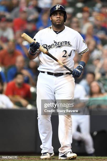 Jesus Aguilar of the Milwaukee Brewers at bat during a game against the St. Louis Cardinals at Miller Park on May 30, 2018 in Milwaukee, Wisconsin....