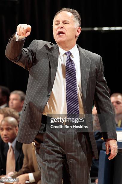 Head coach Jim O'Brien of the Indiana Pacers calls out during the game against the Chicago Bulls on February 9, 2010 at Conseco Fieldhouse in...