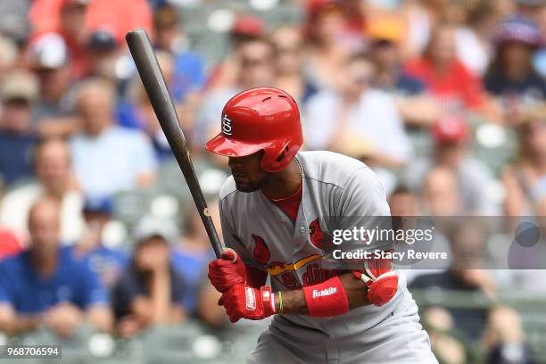 Jose Martinez of the St. Louis Cardinals at bat during a game against the Milwaukee Brewers at Miller Park on May 30, 2018 in Milwaukee, Wisconsin....