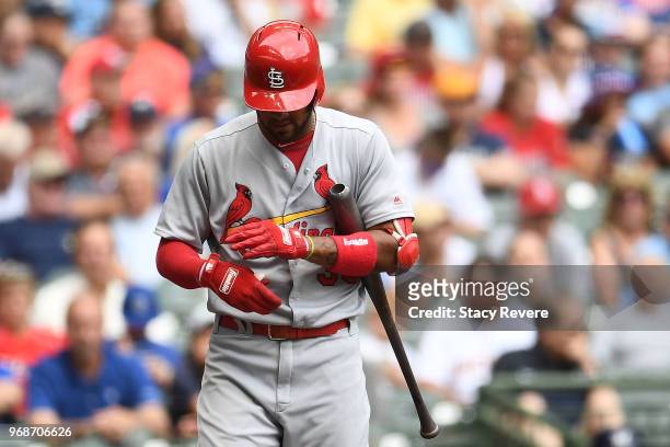 Jose Martinez of the St. Louis Cardinals at bat during a game against the Milwaukee Brewers at Miller Park on May 30, 2018 in Milwaukee, Wisconsin....