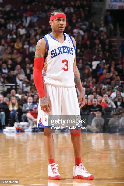 Allen Iverson of the Philadelphia 76ers stands on the court during the game against the New York Knicks on January 13, 2010 at the Wachovia Center in...